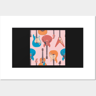 Guitar music pattern on pink Posters and Art